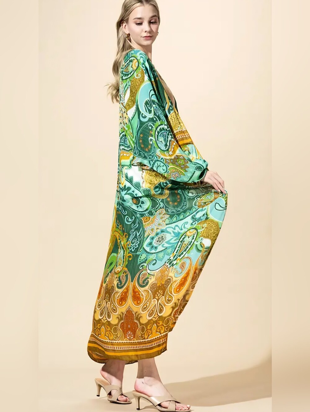 1136 Emerald Green & Gold Paisley Maxi Kimono